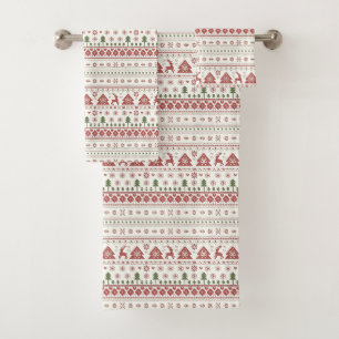 Red & Green Scandinavian Nordic Winter Christmas Bath Towel Set
