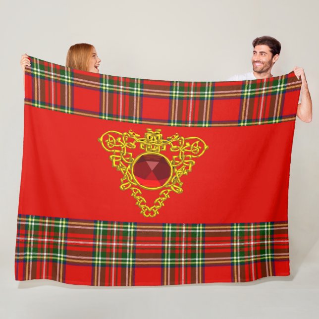 RED GREEN SCOTTISH TARTAN,GOLD CELTIC KNOTS HEART FLEECE BLANKET (In Situ)