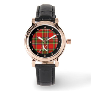 RED GREEN SCOTTISH TARTAN ,PINK GEMSTONES MONOGRAM WATCH