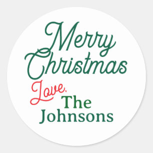 Red Green Script Custom Name Merry Christmas White Classic Round Sticker