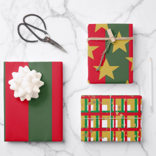 Red green shiny gold stars plaid 2 wrapping paper sheet