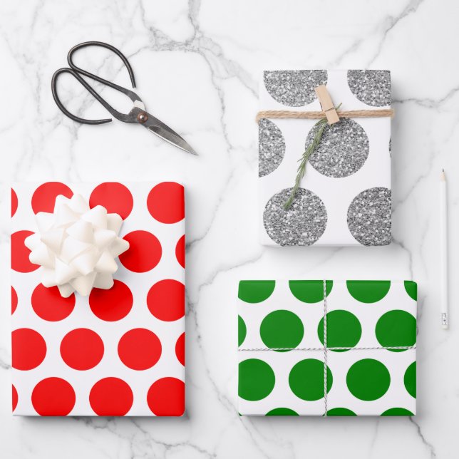 Red Green Silver Glitter Polka Dot Christmas Wrapping Paper Sheet (Front)