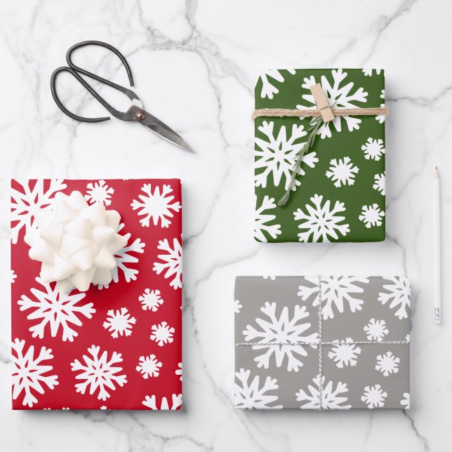 Red Green Silver Grey Snowflakes Christmas Holiday Wrapping Paper Sheet (Front)