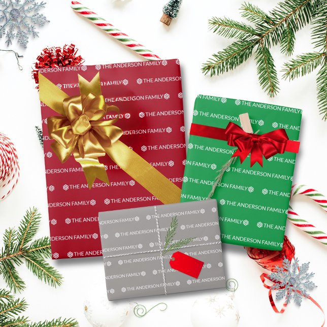 Red Green Silver Repeating Name Pattern Christmas Wrapping Paper Sheet (legant Red, Green & Silver Personalized Name Repeating Pattern Snowman Christmas Gift Wrapper)