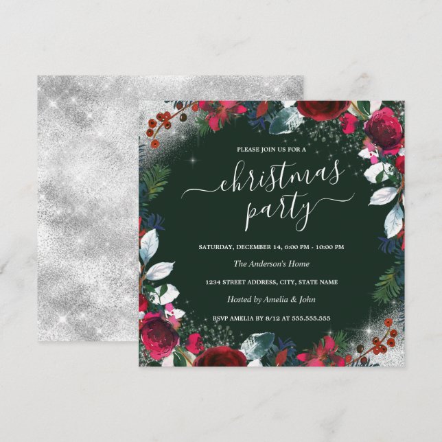 Red Green Silver Sparkle Wreath Christmas Party  Invitation (Front/Back)