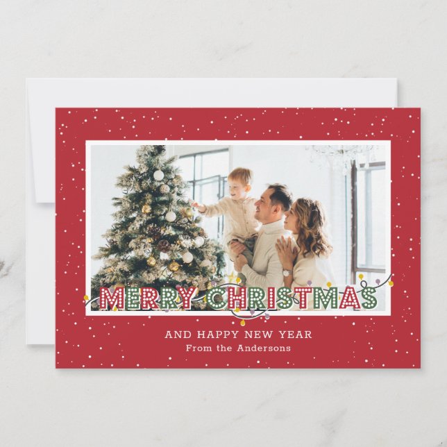 Red Green Snow Lights Photo Christmas Cards (Front)