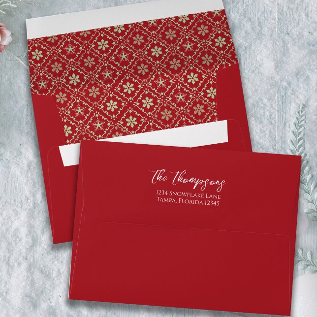 Red Green Snowflake Christmas Custom Envelope (elegant red and green snowflake pattern holiday envelope. With return address printed on back flap)