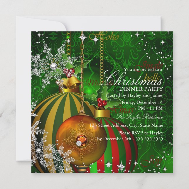 Red green Snowflake Christmas Dinner Party Invitation (Front)