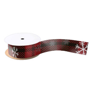 Red Green Snowflakes Rustic Pattern Christmas Satin Ribbon