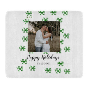 red green snowflakes text photo merry christmas cutting board