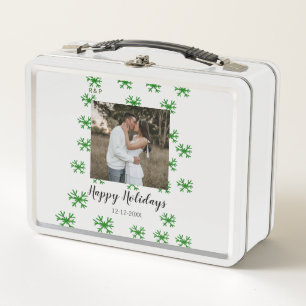 red green snowflakes text photo merry christmas metal lunch box