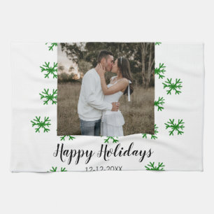 red green snowflakes text photo merry christmas tea towel