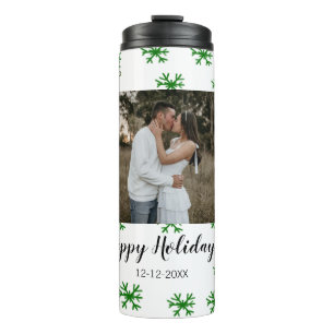 red green snowflakes text photo merry christmas thermal tumbler