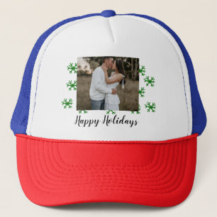 red green snowflakes text photo merry christmas trucker hat