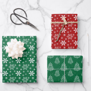 Red & Green Snowflakes & Trees Wrapping Paper Sheet