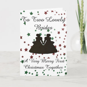 Red &Green Star Bride Silhouette Gay 1st Christmas Holiday Card