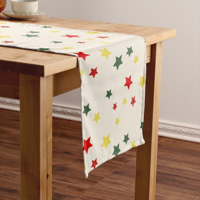 Red Green Star Pattern Whimsical Modern Christmas Long Table Runner (In Situ)