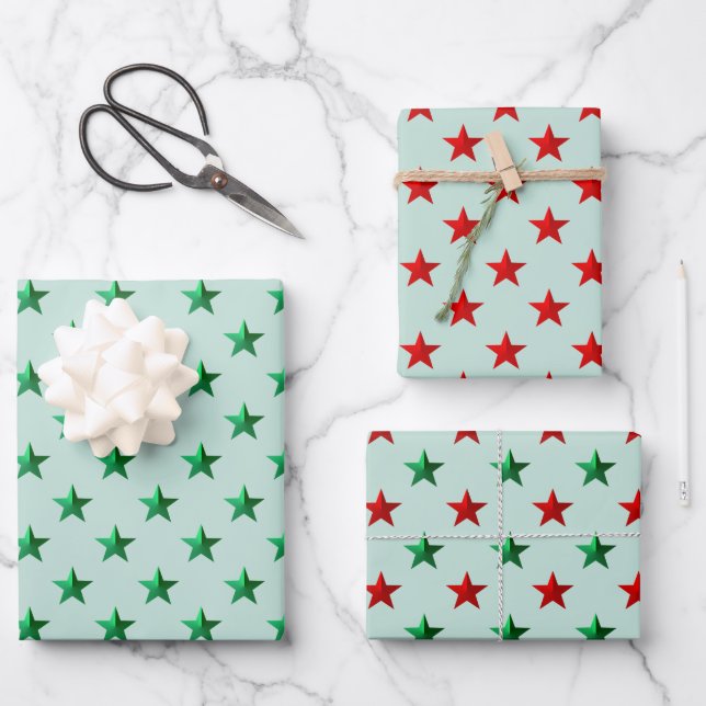 Red Green Stars On Sage Green Christmas Holiday Wrapping Paper Sheet (Front)