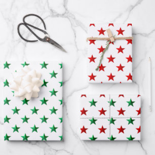 Red Green Stars On White Christmas Holiday Wrapping Paper Sheet