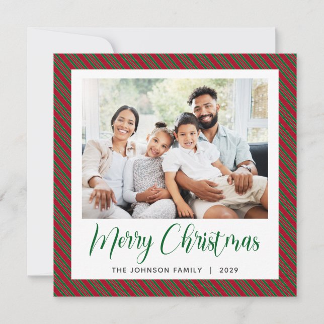 Red Green Stripe Merry Christmas Photo Holiday Card (Front)