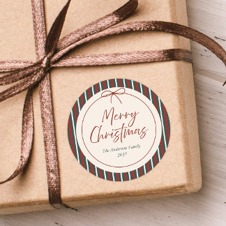 Red & Green Striped Christmas Classic Round Sticker