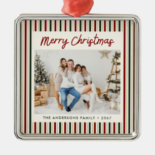 Red & Green Striped Christmas Family Photo Metal Tree Decoration