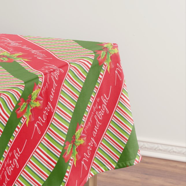Red green striped holly merry bright tablecloth (In Situ)