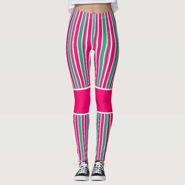 Red -green striped horizontal pattern leggings (Front)