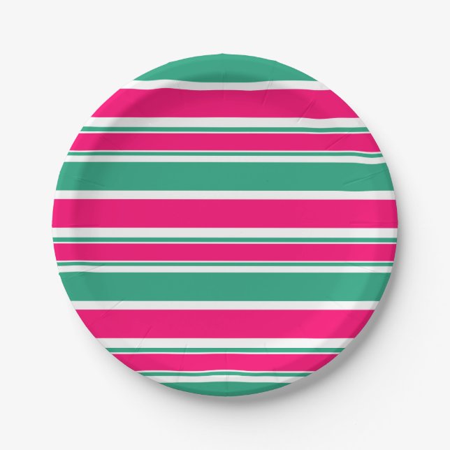 Red -green striped horizontal pattern paper plate (Front)