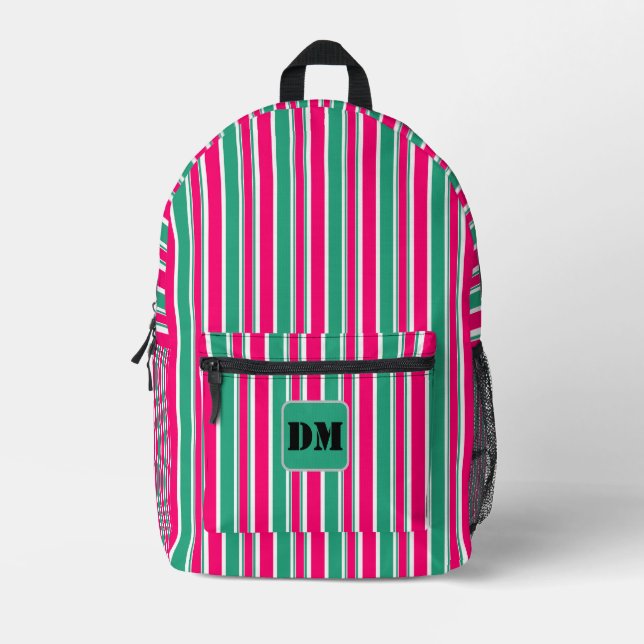 Red -green striped horizontal pattern printed backpack (Front)