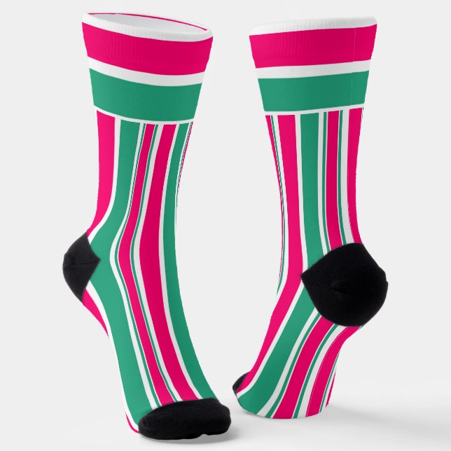 Red -green striped horizontal pattern socks (Angled)