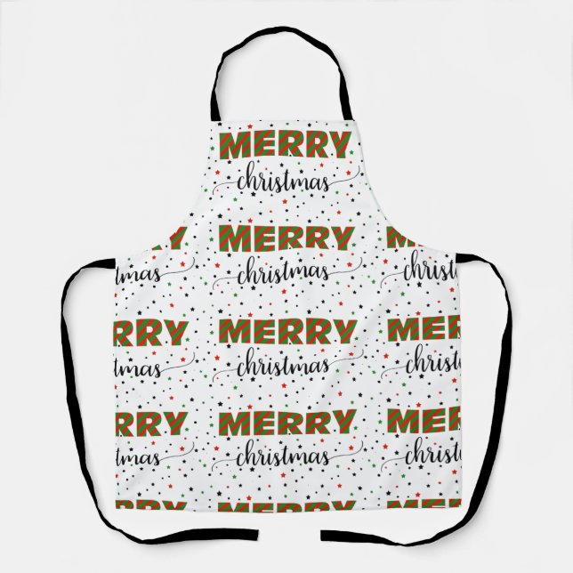 Red Green Striped Merry Christmas Stars Apron (Front)