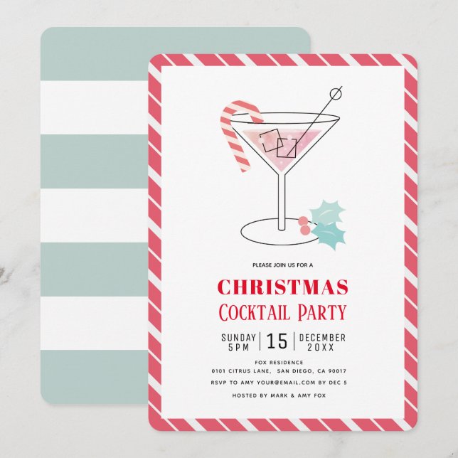 Red & Green Stripes Christmas Cocktail Party Invitation (Front/Back)