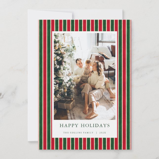 Red & Green Stripes Christmas Photo Holiday Card (Front)