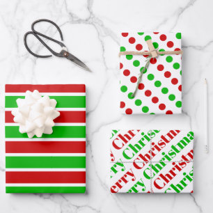 Red green stripes dots Merry Christmas typography Wrapping Paper Sheet