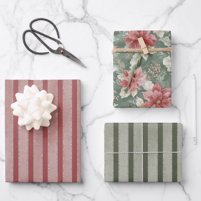 Red Green Stripes Floral Christmas Wrapping Paper Sheet (Front)