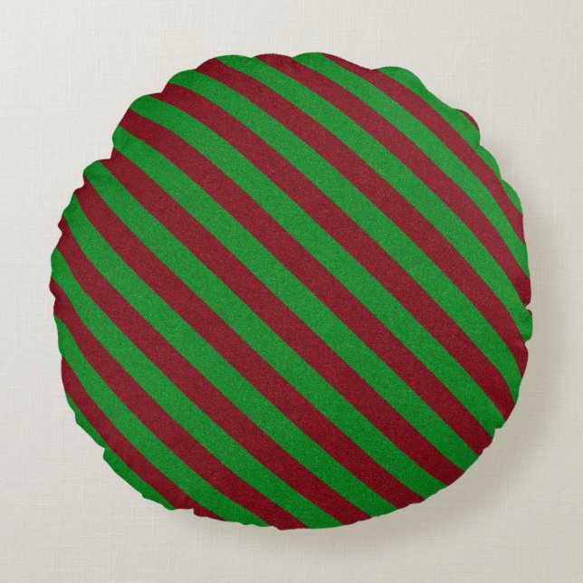 Red & Green Stripes Glitter Round Cushion (Front)