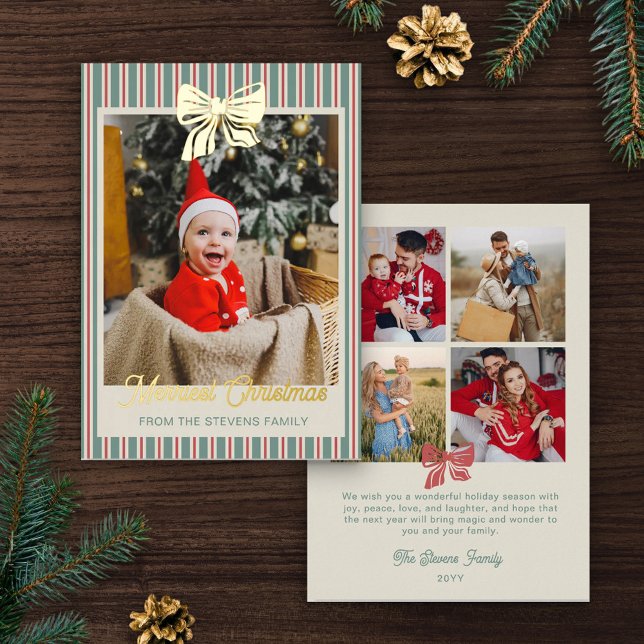 Red Green Stripes Gold Bow Merriest Christmas Foil Holiday Card (Creator Uploaded)