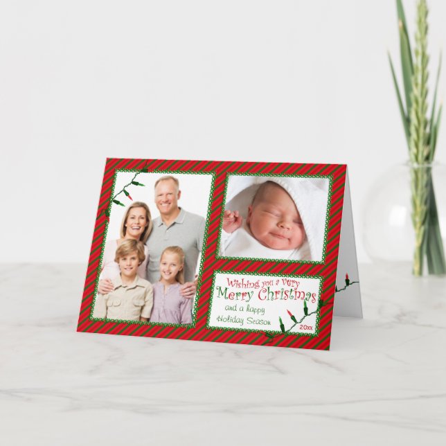 Red Green Stripes, Lights Christmas Photo Card (Front)