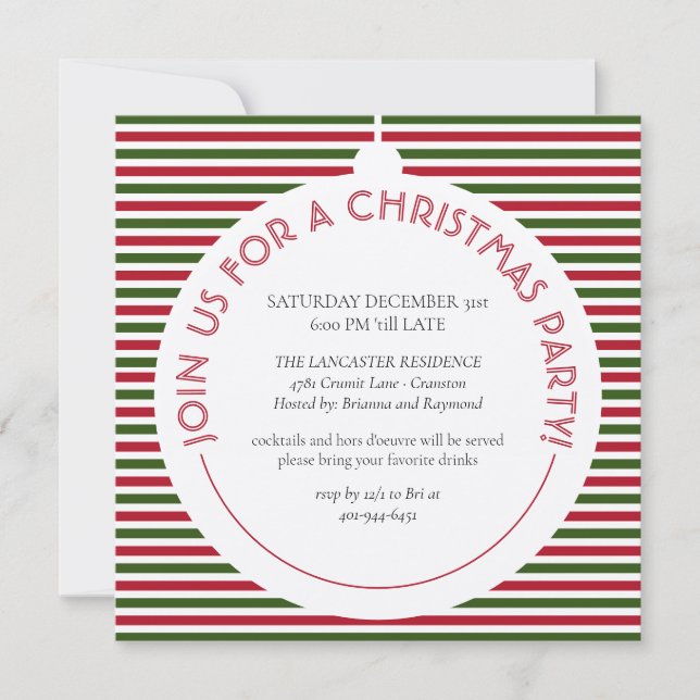 Red Green Stripes Modern Minimalist Holiday Party Invitation (Front)