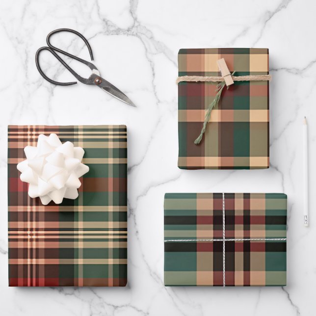 RED GREEN TAN WINTER HOLIDAY PLAID PATTERN WRAPPING PAPER SHEET (Front)