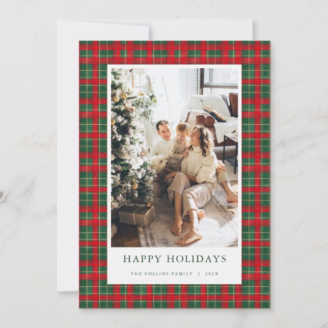 Red & Green Tartan Christmas Photo Holiday Card (Front)