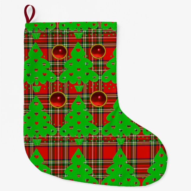 RED GREEN TARTAN ,CHRISTMAS TREE WITH HEARTS LARGE CHRISTMAS STOCKING (Front)
