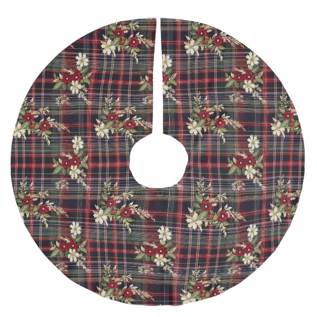Red Green Tartan Floral Festive Christmas Brushed Polyester Tree Skirt (Front)