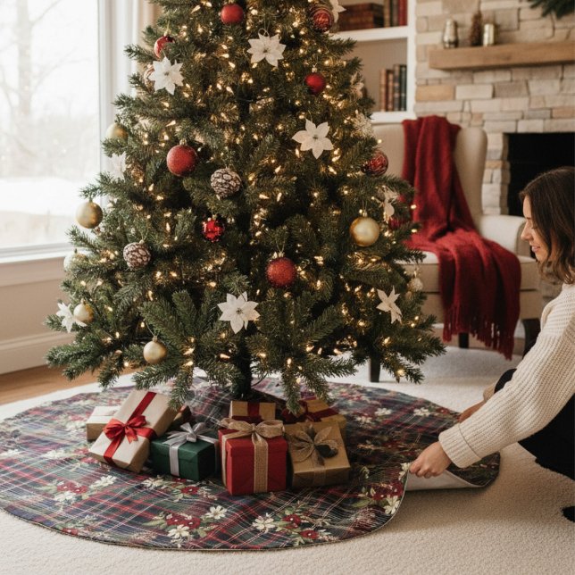 Red Green Tartan Floral Festive Christmas Brushed Polyester Tree Skirt (Creator Uploaded)