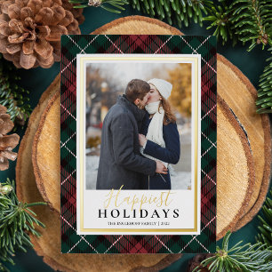 Red & Green Tartan Happiest Holidays Photo Foil Holiday Card