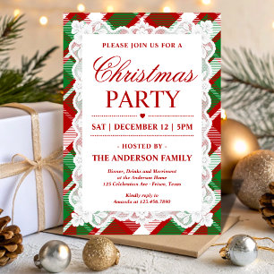Red Green Tartan Lace Christmas Party Invitation
