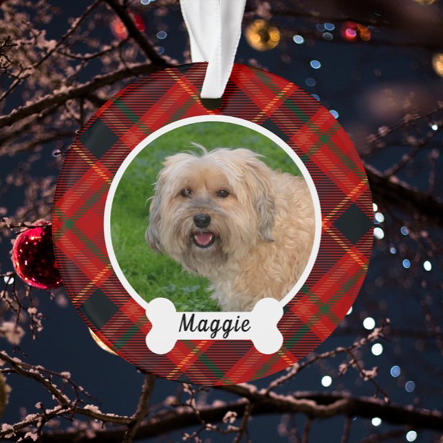 Red Green Tartan Plaid Custom Dog Photo Ornament (Creator Uploaded)