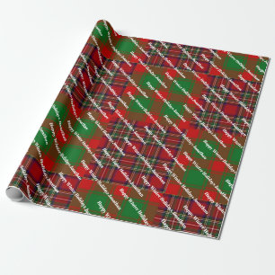 Red Green Tartan Plaid Merry Christmas Custom Name Wrapping Paper
