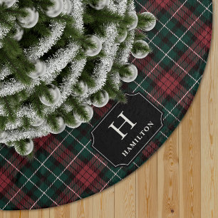 Red & Green Tartan Plaid Monogram & Family Name Brushed Polyester Tree Skirt